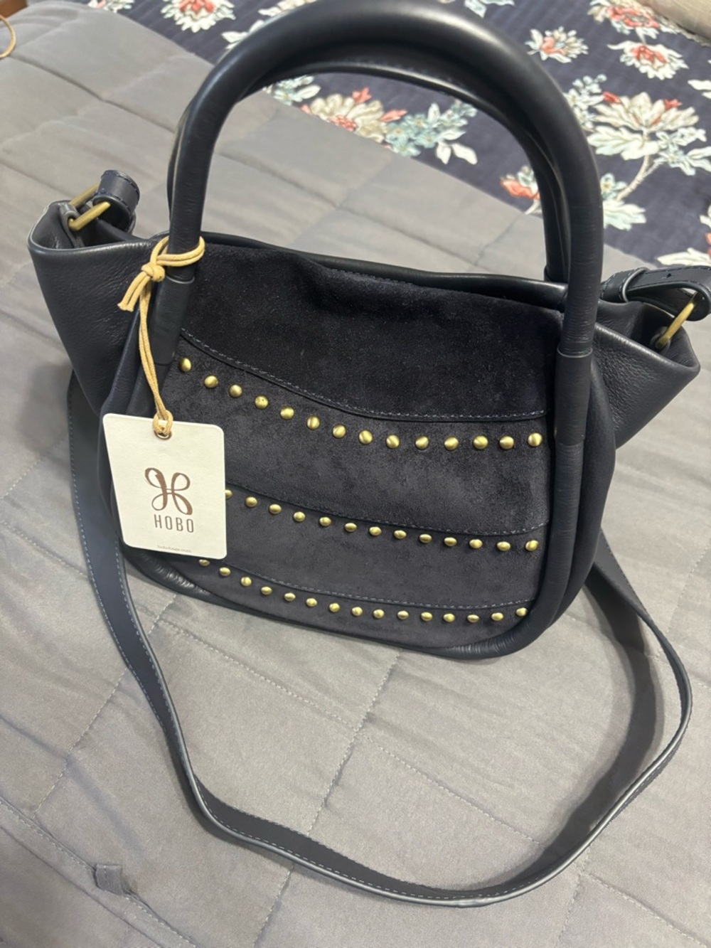 HOBO Black Leather & Suede Studded Hobo Bag